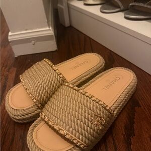 CHANEL Beige Rope Slide Sandals with Gold Chain Trim